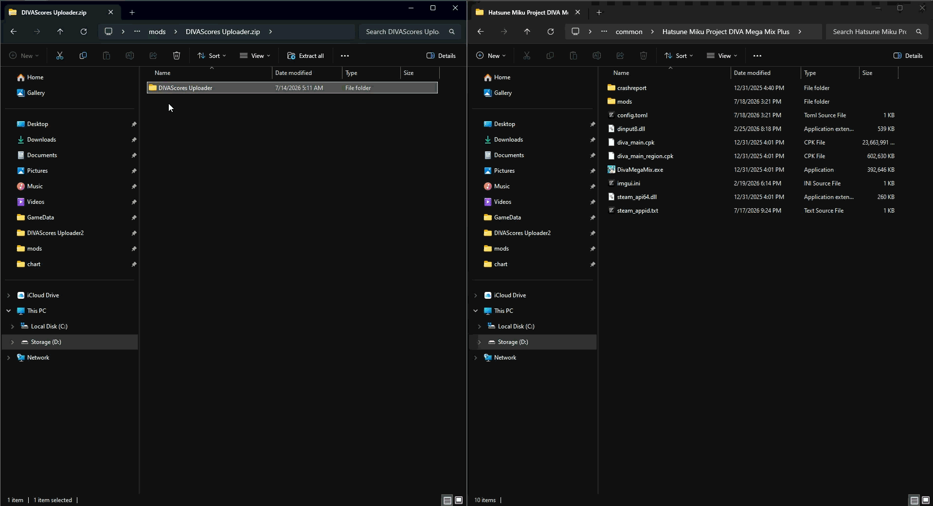 An animated image of the DIVAScores.NET Uploader folder being placed in the user's mods folder.