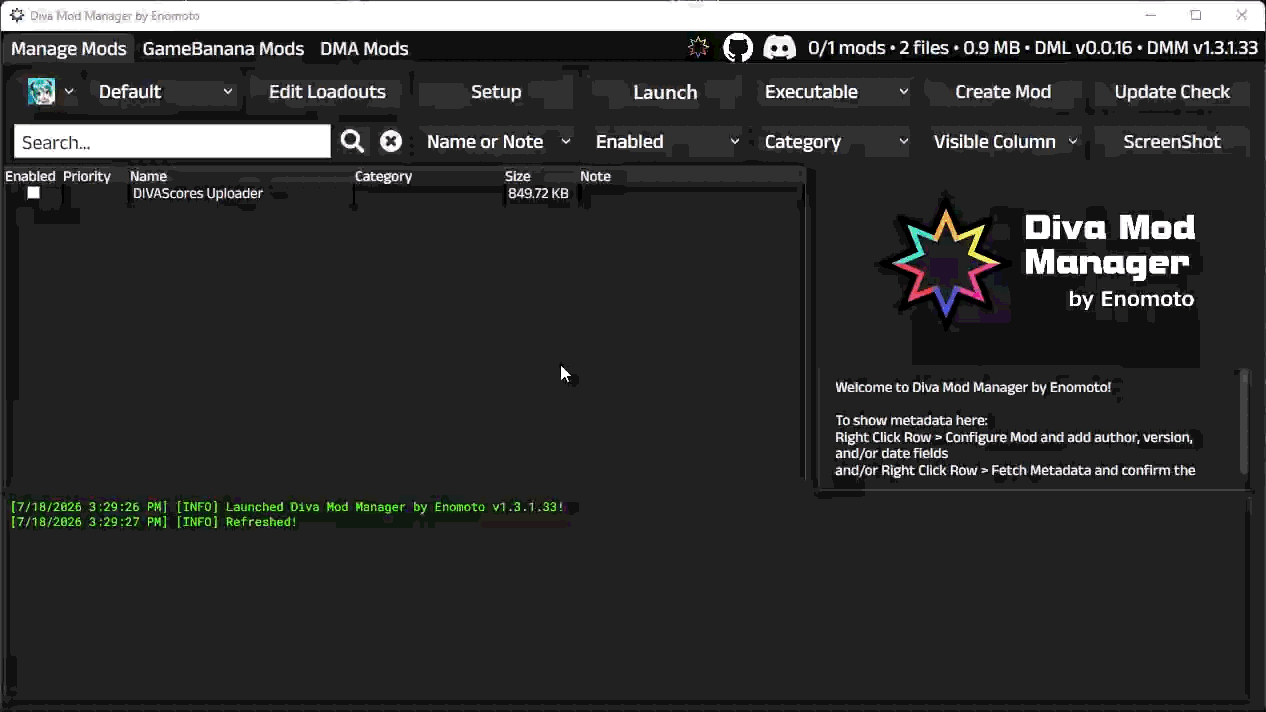 An animated image of DIVAScores.NET Uploader being enabled in DIVA Mod Manager.